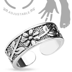 Silver Toe Ring or Mid Ring – Antique Silver Flowers