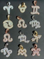 Solid 925 Silver Gold Plated Iced Bubble CZ Zodiac Astrology Sign Pendant HipHop