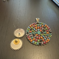 Multicolor Circular Disc Pendant & Matching Stud Earrings Jewelry Set