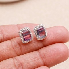 Natural Fluorite Octagon Stud Earrings 925 Sterling Silver Moissanite Jewelry