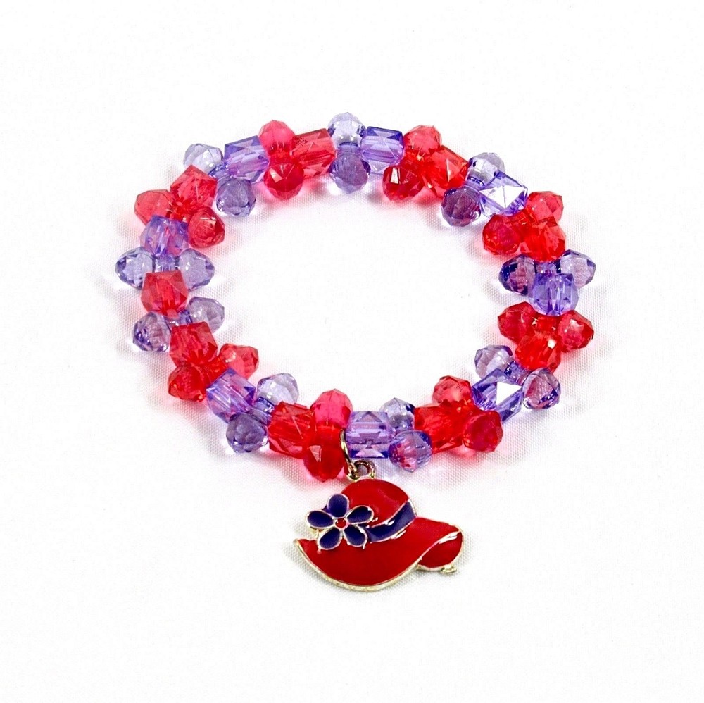 Red Hat Charm Bracelet Assorted Red & Purple Beads Stretchable Society Ladies