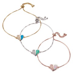 Adjustable Bracelets Slider Opal Cubic Zirconia Heart Gold Blue Pink 8.8″ P503