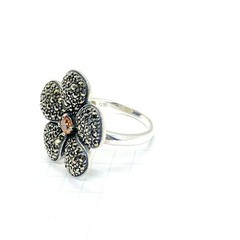 (SIZE 6,7,8,9) Big FLOWER RING Orange Citrine & Marcasite .925 STERLING SILVER