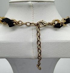 Talbots Black Ivory Floral Statement Necklace Gold Tone Chain Grosgrain Ribbon