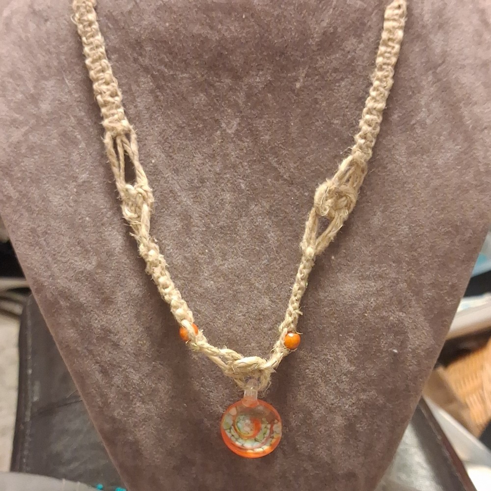 Hemp Braided Cord Necklace Round Multicolor Glass Charm Pendant