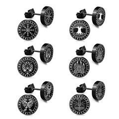 12pcs Mens Nordic Viking Rune Round Black Earrings Set Stainless Steel Ear Studs