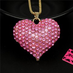 Fashion Women Pink Rhinestone Rose Shiny Heart Crystal Pendant Chain Necklace