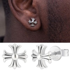 Real Solid 925 Silver Men Hearts Of Chrome Star Oxidized Earrings Plain Studs