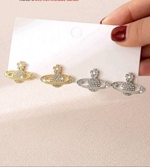 Celestial Crystal Statement Earrings, Saturn, Orb, Flower Accents Gold Pair