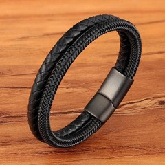 Men Stainless Steel Cable Double Layer Braided Leather Bracelet Gift