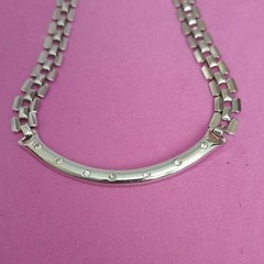 Silver Tone Link Chain Necklace Bar Pendant Bezel Set White Crystal Stations