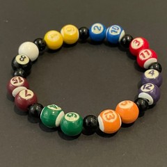 Eight Ball Billiards Pool Player Metal Numbered & Black Glass Beaded Bracelet