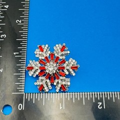 Snowflake Rhinestone Brooch Pin Red Clear Crystal Holiday Jewelry Silver Tone