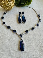 CZ Navy Blue Sapphire Teardrop Gem Bridal Indian Necklace Earring Jewelry Set