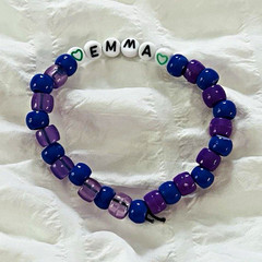 Personalized “EMMA” Letter Beaded Stretch Bracelet Blue Purple White Plastic