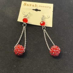 Ruby Red Disco Ball Shamballa Dangle Earrings Silver Tone 3.5 in Chain Drop