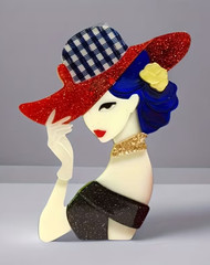 Stylish Lady In Checkered Hat Glitter Effect Modern Acrylic 2D Layered Brooch