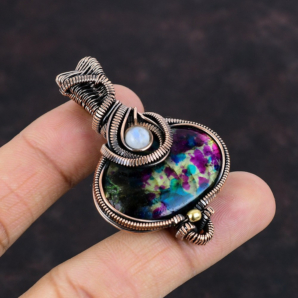 Multi Fire Labradorite Gemstone Rainbow Moonstone Wire Wrapped Pendant Copper