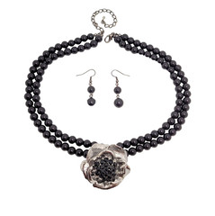 Gothic Black Beaded Double Strand Choker Necklace Earring Set Silver Flower Gem