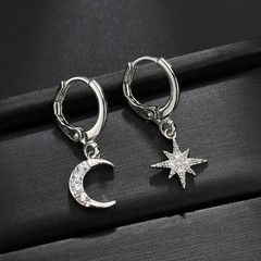 925 Sterling Silver Star Moon CZ Huggie Hoop Dangle Earrings Women Gift