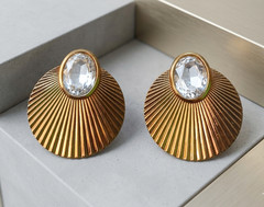 Vintage Gold Ribbed Fan Earrings with Clear Crystal