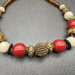 NY Necklace Beaded Statement Chunky Red Gold Cream Brown Floral Beads 16 Inch