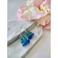 Multicolor Pebble Shaped Frosted Sea Glass Silver Ladies Dangle Earrings