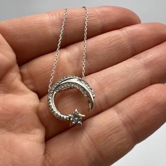 925 Sterling Silver Crescent Moon & Star Pendant Necklace with CZ Stones
