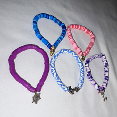 Set of 5 Multicolor Plastic Round Beaded Stretch Stackable Bracelets w/ Charms