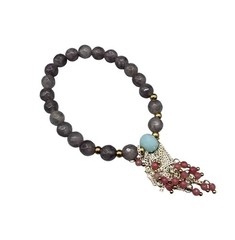 Stone Beaded Stretch Bracelet Blue & Pink Accents Gold Detailing & Chain Tassels