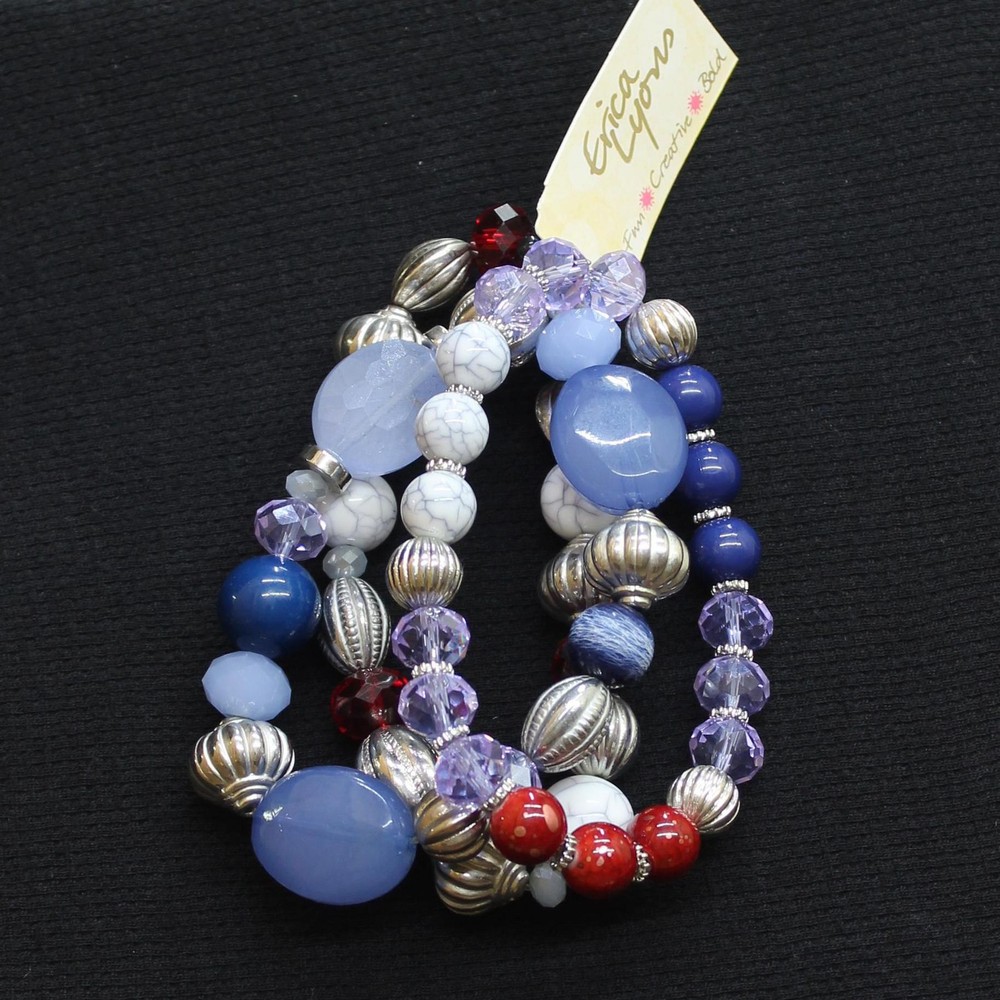 Erica Lyons Beaded Holiday Elastic Bracelets Silver Gray / Blue Multi