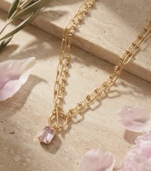 Sorrelli Studio Emerald Cut Pink Crystal Clear Necklace NWT