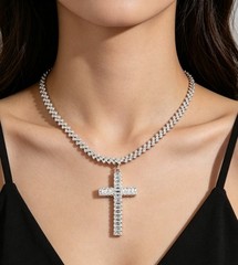 Sparkling Clear Zircon Accent Cross Charm Cuban Chain Choker Necklace