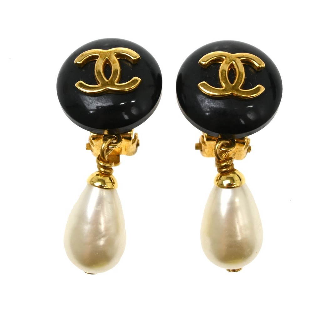 Best07 Chanel Artificial Pearl Dangle Earrings Clip-On Black 96P NQ10599