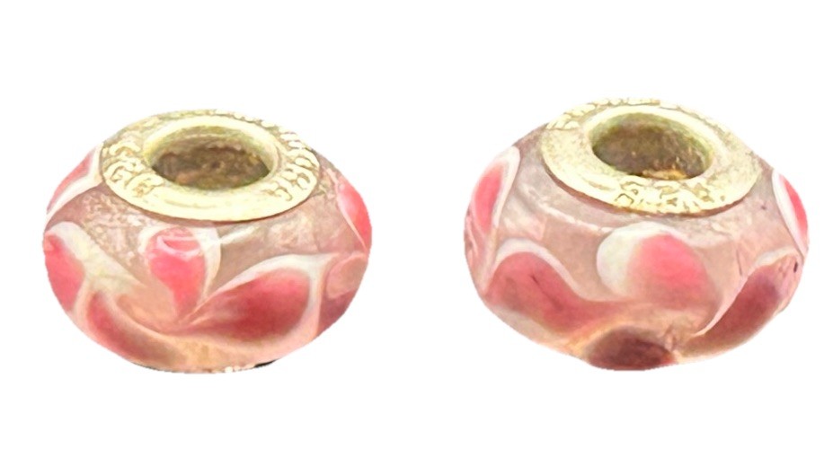 2 Pandora 925 Silver Pink Floral Petals Murano Glass Bead Charms Clear, White