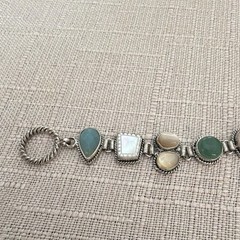 Kenneth Cole New York Multi Stone Shell Bracelet Silver Tone Toggle Boho