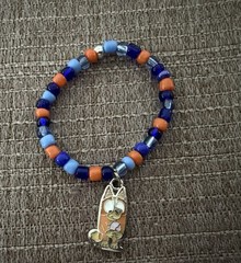 Blue & Orange Plastic Beaded Stretch Bracelet with Round Dangle Charm