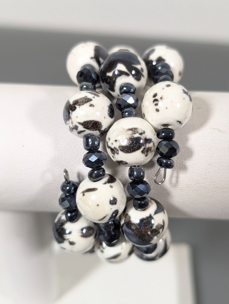 Dalmatian White Gray Ceramic & Hematite Beaded Wrap Bracelet
