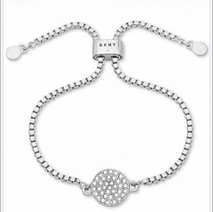 DKNY Silver-Tone Pavé Round Disc Charm Necklace Clear Crystal Adjustable Slider