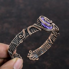 Russian Charoite Wire Wrapped Adjustable Bangle Handcrafted Copper Holiday