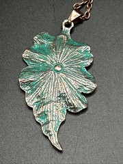 Copper Verdigris Leaf Necklace 18” Chain With 2” Pendant