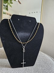 Stainless Steel Rosary Cross Infinity Necklace Layered Twist Gold Set w/ Earring