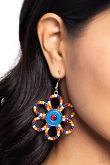 Paparazzi FLOWER Forward – Red – Multi Acrylic Petals – Red & Blue Center – Earr