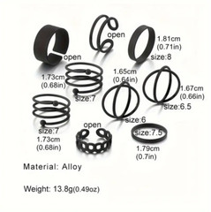 9pc Stackable Ring Set Alloy Geometry Spiral Rings Gothic Style Black Accessory