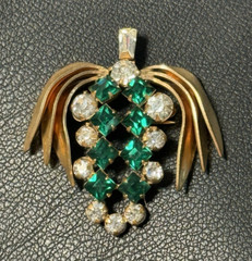 Vintage Brooch Green & Clear Crystal Pin Gold Filled Signed Phyllis
