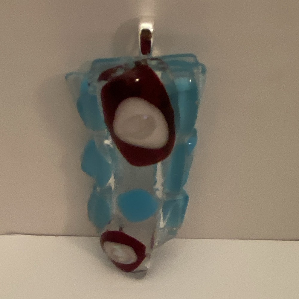Silver Tone Bail Rectangle Glass Charm Pendant Blue Clear Red White Accents.