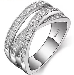 S925 Sterling Silver Pavé Round White CZ Multi-Row Crossover Band Ring Sz 8