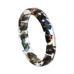 Thin Resin Ring With Pressed Black Flowers and Gold Flakes, Nature Inspired Band