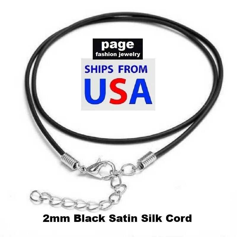 1pc Black Satin Silk Cord Necklace 2mm 18″ 20″ 24″ + 2″ Extension- Lobster Clasp