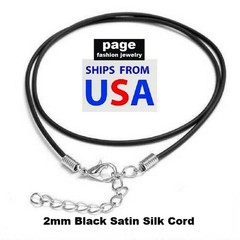 1pc Black Satin Silk Cord Necklace 2mm 18″ 20″ 24″ + 2″ Extension- Lobster Clasp